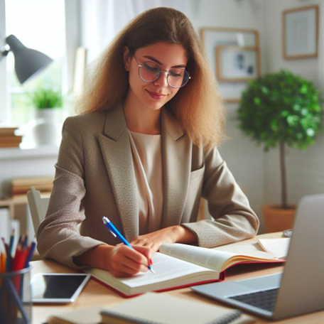 Image d’une jeune cadre en train de rédiger sa lettre de motivation pour postuler à un MBA